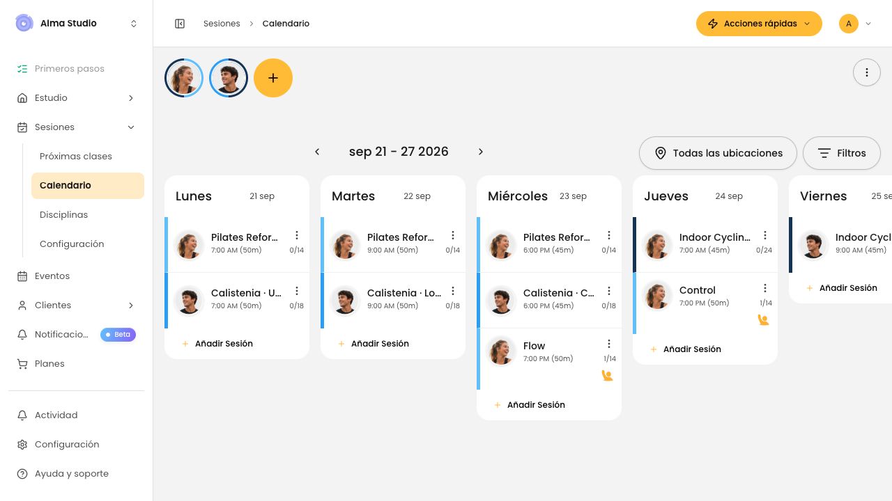 Calendario de Alma Studio con la clase Flow del miércoles.